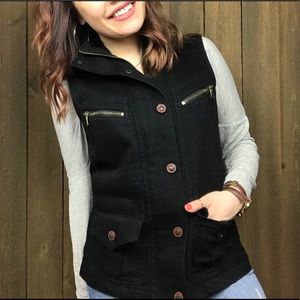 Vintage Authentic Ralph Lauren Black Denim Utility Vest Zip & Snaps